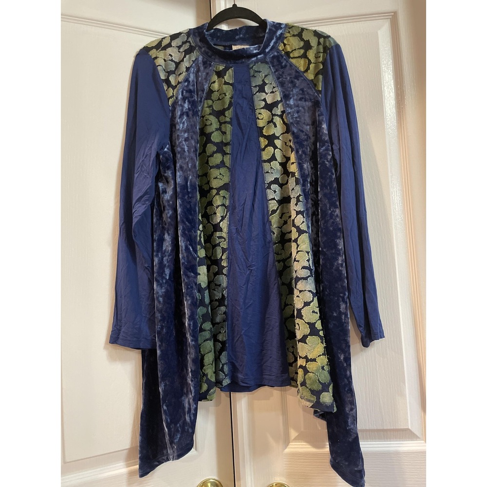 LOGO‎ Lavish Cardigan Womens 1X Blue Opal Velvet Jacquard Open Front A463636